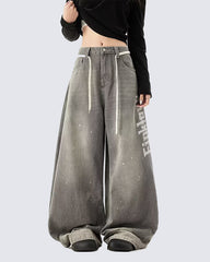 Elastic Waist Wide-Leg Denim Pants