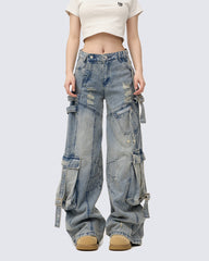 Washed Distressed Cargo Denim Pants