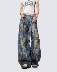 Distressed Stain-Dye Embroidered Scimitar Jeans