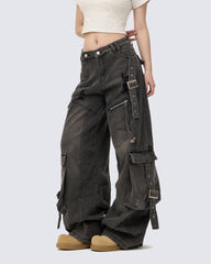 Washed Distressed Cargo Denim Pants