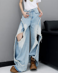 Distressed Cutout Wide-Leg Jeans