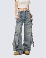Washed Distressed Cargo Denim Pants