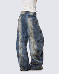 Distressed Stain-Dye Embroidered Scimitar Jeans