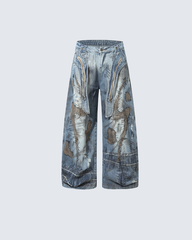 Distressed Stain-Dye Embroidered Scimitar Jeans