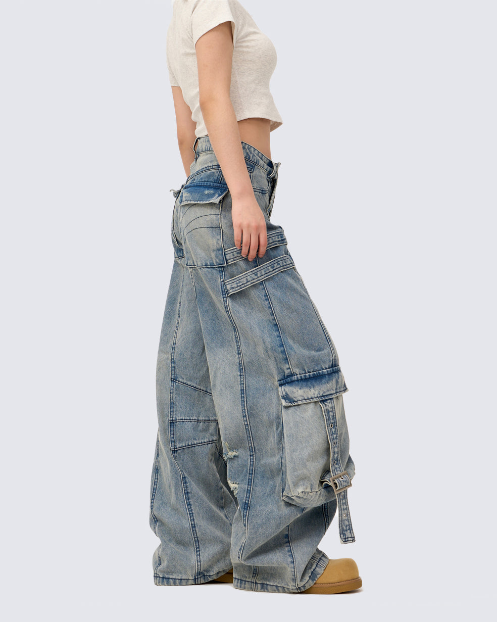 Washed Distressed Cargo Denim Pants